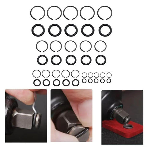 Secure Rock Solid Impact Sockets Fast With Tough Steel Retainer Rings For 38, 12 And 34 Inch Air Wrenches Plus O-Rings To Keep Your Garage Tools Locked In Without Any Slipping Or Losing Parts During Heavy Duty Jobs Today. black metal retainer rings and O-rings for impact sockets