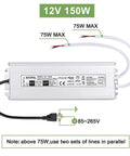 Beefy 150W Waterproof LED Power Supply IP67 85-265V AC To 12V DC Transformer with cable and wiring details shown