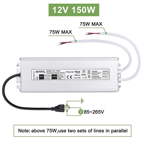 Beefy 150W Waterproof LED Power Supply IP67 85-265V AC To 12V DC Transformer with cable and wiring details shown