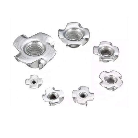 Beefy Four Claw T Nut Set for Furniture Mounting 100 Pcs Thickened Steel Blind Prong Inserts M6x20 shown in various sizes