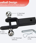 Beefed Up Dual Hitch Ball Trailer Hitch For 2 Inch Receiver With One Seven Eighth Inch And Two Inch Balls Includes Pin And Clip Five Eighth Inch Clevis Pin Compatible Matte Black Powder Coat Finish.