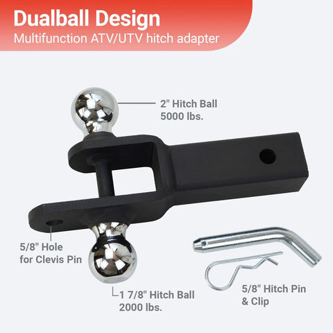 Beefed Up Dual Hitch Ball Trailer Hitch For 2 Inch Receiver With One Seven Eighth Inch And Two Inch Balls Includes Pin And Clip Five Eighth Inch Clevis Pin Compatible Matte Black Powder Coat Finish.