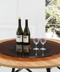 360 Degree Heavy Duty Lazy Susan Turntable For Dining Tables showing glass surface with wine bottles, glasses on wood table