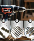 Six-piece hex-shank twist drill bit set with four-flute sawtooth bits for concrete and masonry, sizes 4–12 mm