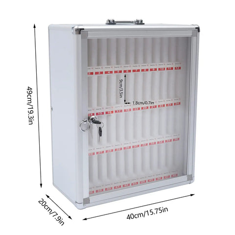 Heavy Duty Cell Phone Locker For Classrooms 48 Slot Portable Storage Cabinet in white aluminum with key lock.