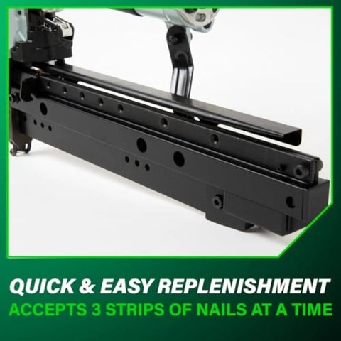 Close-up of aluminum magazine of 16 Gauge Finish Nailer With 1 Inch To Two And A Half Inch Nails Lightweight 3.7 Lb Pneumatic Nail Gun