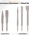 Gickbusus six-piece SDS-Plus hammer drill bit and chisel set in gray metal with carbide tips, 140mm and 250mm.