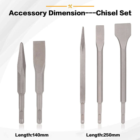 Gickbusus six-piece SDS-Plus hammer drill bit and chisel set in gray metal with carbide tips, 140mm and 250mm.