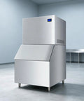 Heavy Duty Commercial Ice Maker Pumping Out Crisp Clear Cubes On The Fly With Stainless Steel Frame And Roomy Storage Bin.