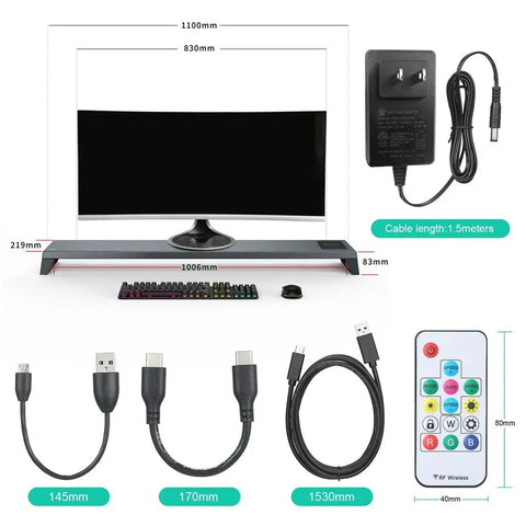 Slick Multifunctional Pc Dock Pro Intelligent Monitor Stand With Badass Wifi Signal Booster And Rapid Wireless Charging dimensions and accessories.