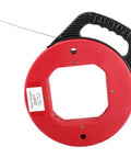 250 Ft Electrician Fish Tape Reel With Spring Steel Fishtape 1 Eighth Inch Cable Pulling Line, red and black design.