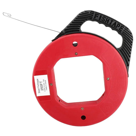 250 Ft Electrician Fish Tape Reel With Spring Steel Fishtape 1 Eighth Inch Cable Pulling Line, red and black design.