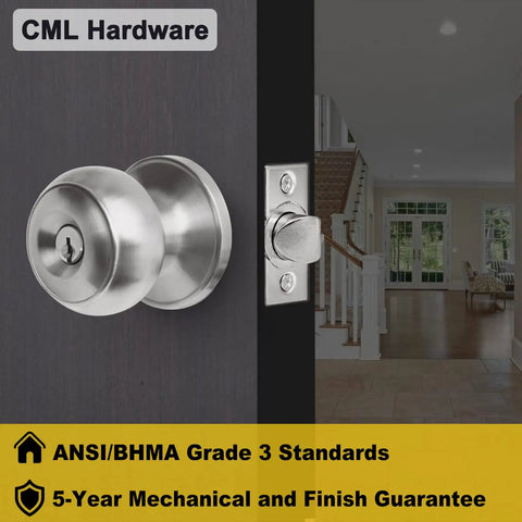 Keyed Entry Door Knob Set In Solid Stainless Steel With Round Ball Handle For Exterior And Interior Doors Built Tough For Everyday Home Use With An Adjustable Latch For Standard Backsets Fits Doors Up To One And Three Quarters Inch Thick One Pack