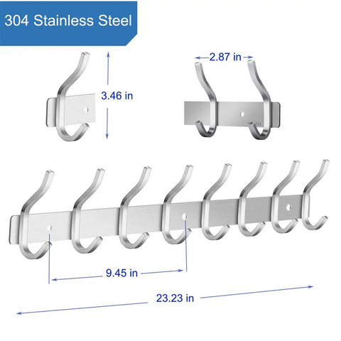Heavy Duty Wall Hooks 23 Inch Coat Rack Wall Mount With Eight Hooks, Stainless Steel 304 Silver Hanger dimensions schematic