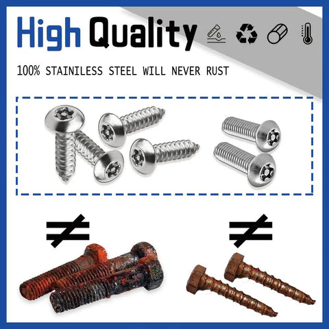 Heavy Duty Stainless Steel Anti Theft License Plate Screws Set includes eight tamper resistant hex bolts on display.