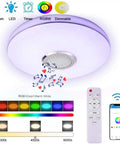 36W LED Music Ceiling Light With Bluetooth Speaker, RGB Color Changing Flush Mount Lamp, showing remote and app control features