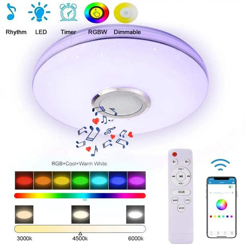 36W LED Music Ceiling Light With Bluetooth Speaker, RGB Color Changing Flush Mount Lamp, showing remote and app control features