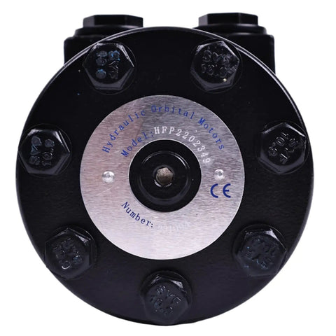 Front view of 4-Bolt Hydraulic Motor CM004P Built Tough High-Torque Industrial Powerhouse with visible bolts and model number