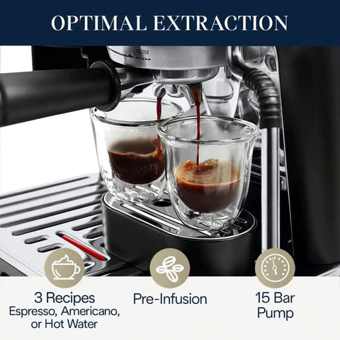 Killer Home Barista Setup Featuring Precision Conical Burr Grinder And Auto Milk Frother For Slick Bean To Cup Espresso brewing two shots.