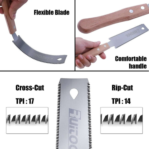 RUITOOL 6-inch double-edge Ryoba pull saw with beech handle; SK5 blade, 14/17 TPI.