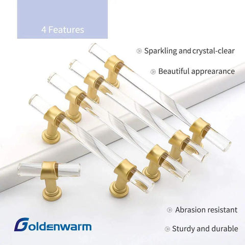 Ten Inch Matte Gold Cabinet Pulls Set Of 10 with Clear Acrylic Glass Hardware displayed with golden base and glass handle.
