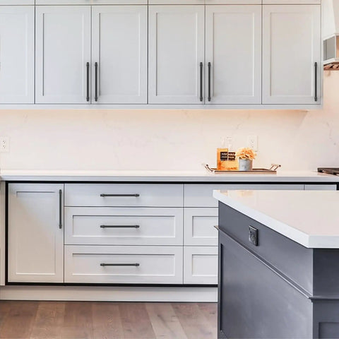 10 Pack Matte Black Cabinet Pulls 7.5 Inch Center To Center Kitchen Cabinet Handles shown on modern white cabinets