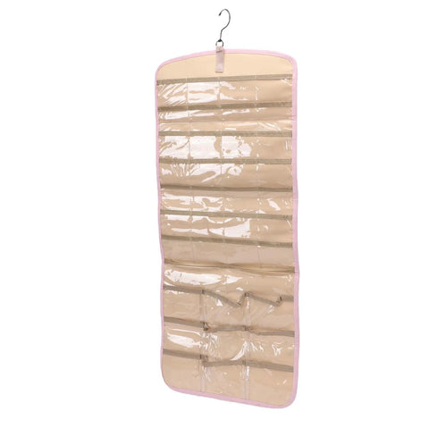 Slick Double Sided Hanging Jewelry Organizer With Foldable Design And Ample Pockets For Rings Earrings Watches. Clear compartments shown.