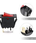 Top Shelf Red Illuminated Rocker Switch 3 Pin 2 Position SPST Toggle With Knockout Glow components showing buckle and silver-plated copper feet.