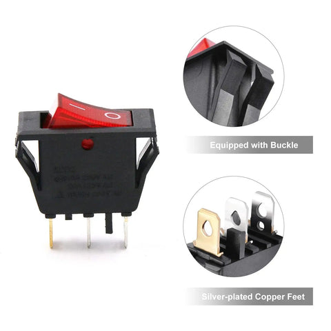 Top Shelf Red Illuminated Rocker Switch 3 Pin 2 Position SPST Toggle With Knockout Glow components showing buckle and silver-plated copper feet.
