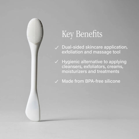 Pore Polishing Wand Silicone Facial Cleansing Brush Game Changer Dual Sided Face Scrubber standing with text listing benefits