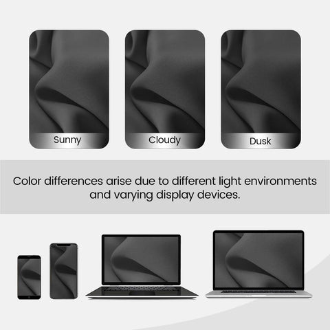 Floor To Ceiling Blackout Curtain Panel color variations under sunny, cloudy, and dusk lighting on various display devices.