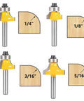 Roundover Router Bit Set With Bearing Guide 1/4 Inch Shank Four Piece Kit For Edge Rounding R 1/8 Inch, 1/4 Inch, 3/16 Inch, 5/16 Inch