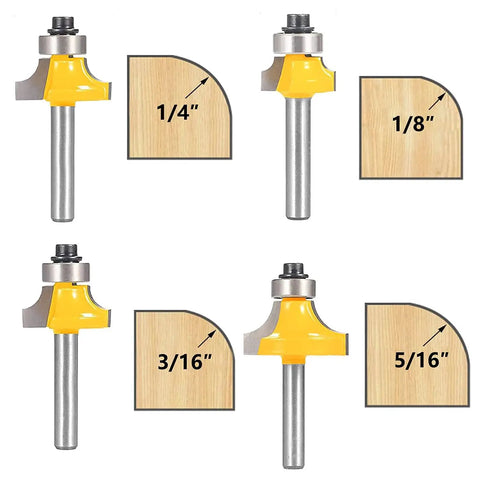 Roundover Router Bit Set With Bearing Guide 1/4 Inch Shank Four Piece Kit For Edge Rounding R 1/8 Inch, 1/4 Inch, 3/16 Inch, 5/16 Inch