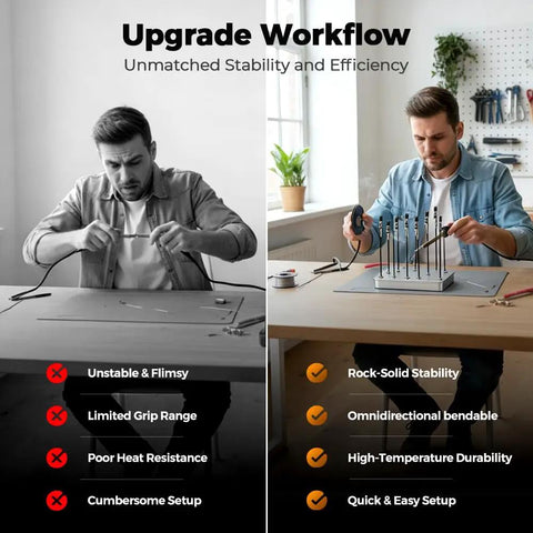 Comparison showing a Magnetic Helping Hands Soldering Tool Kit with 12 magnetic alligator clips and stand, highlighting stability and ease of use.