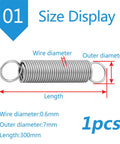 Get The Ultimate Dual Hook Tension Spring In Stainless Steel Perfect For Furniture Parts And DIY Repairs With 7mm Outer Diameter And Zero Bend Flex, size display with 7mm outer and 0.6mm wire diameter