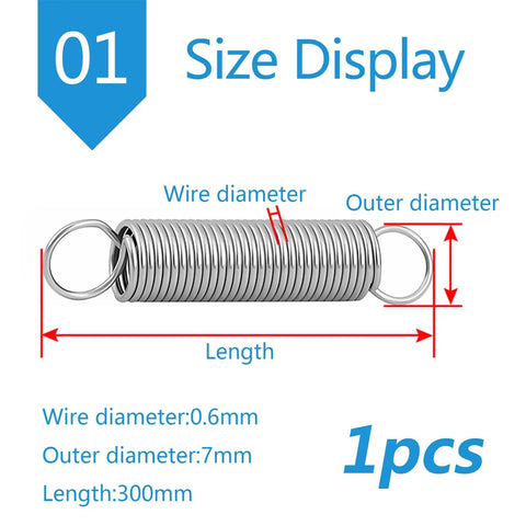 Get The Ultimate Dual Hook Tension Spring In Stainless Steel Perfect For Furniture Parts And DIY Repairs With 7mm Outer Diameter And Zero Bend Flex, size display with 7mm outer and 0.6mm wire diameter