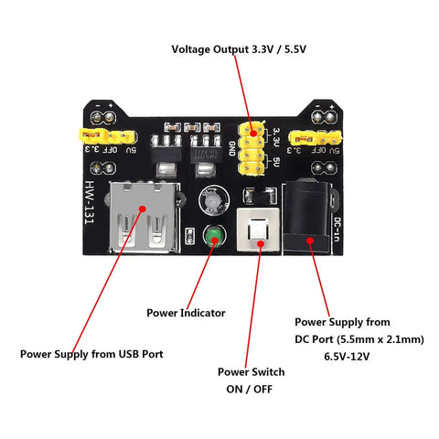 MB102 Solderless Breadboard Power Supply Module 3.3V And 5V With 700mA Output DC 6.5-12V Or USB Green Power LED On Off Switch