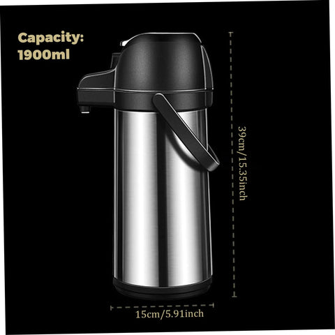 Front view of Party-Ready Hot Beverage Dispenser With Pump, 1.9L Insulated Stainless Steel Carafe, Double-Walled