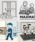 Illustration depicting the benefits of MaxMat in preventing slips with users avoiding puddles, using a MaxMat box, and stepping on the mat.