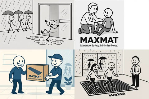 Illustration depicting the benefits of MaxMat in preventing slips with users avoiding puddles, using a MaxMat box, and stepping on the mat.