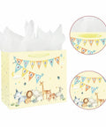 13 Inch Large Baby Gift Bag For Baby Shower With Tissue Paper And Greeting Card Yellow Dinosaur Design Includes 3 Sheets Tissue Paper For Boy Or Girl Must Have Gift Bag, featuring animal illustrations and white tissue paper.