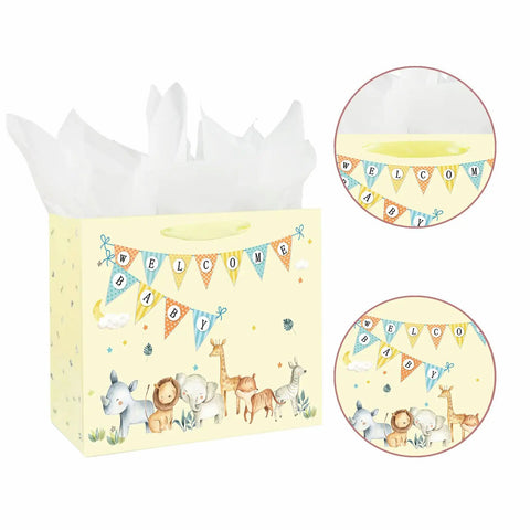 13 Inch Large Baby Gift Bag For Baby Shower With Tissue Paper And Greeting Card Yellow Dinosaur Design Includes 3 Sheets Tissue Paper For Boy Or Girl Must Have Gift Bag, featuring animal illustrations and white tissue paper.