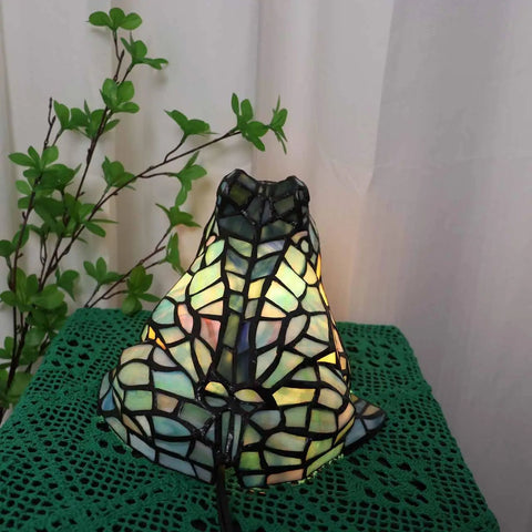 Frog Table Lamp Tiffany Style Stained Glass Accent Night Light showing multicolor stained glass on a green surface.
