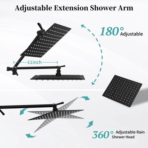 High Pressure Rain Shower Head With Handheld Spray, 10 Inch Shower Head With 11 Inch Extension Arm, adjustable angles, black