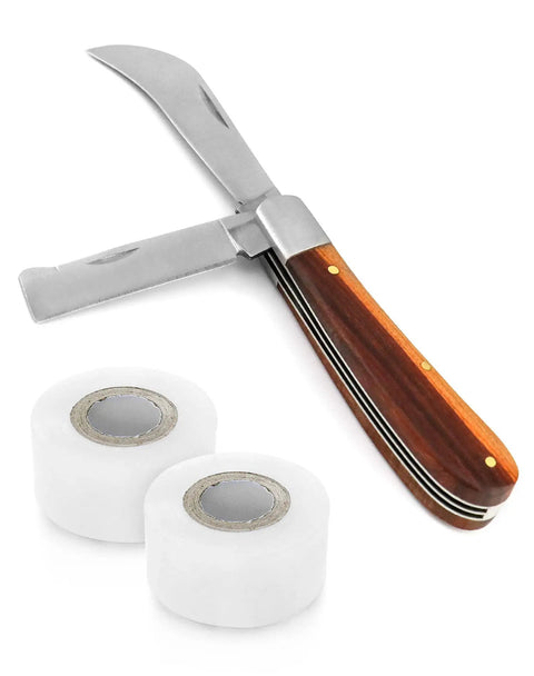 Gardening Grafting Cutter Kit With Two Grafting Tapes For Plant Budding And Fruit Tree Pruning Pro Grade Graft Tool Stainless Steel Blade Wooden Handle