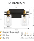 2 Light Vanity Light Fixture Black and Gold With Clear Glass Shade dimensions and bulb base details