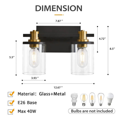 2 Light Vanity Light Fixture Black and Gold With Clear Glass Shade dimensions and bulb base details
