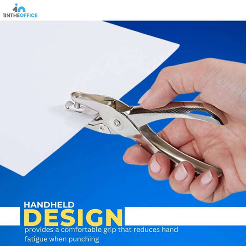 Heavy Duty All Metal One Quarter Inch Single Hole Punch Handheld Punch For Paper And Crafts Eight Sheet Capacity Portable Desk Tool Four Pack Set For Tags Tickets And DIY Projects used on paper.