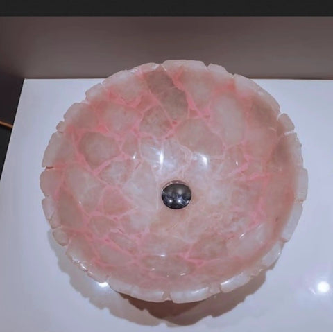 Totally Slay Rose Quartz Vessel Sink, Super Glossy Pink Quartz Wash Basin For Bathroom Vanity And Powder Room top view of smooth pink quartz sink.