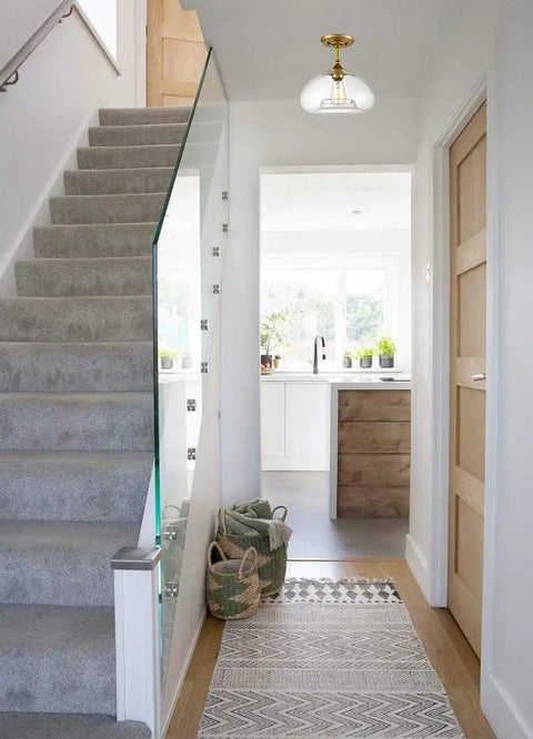 Modern Brass Semi Flush Mount Ceiling Light With Clear Glass Globe Farmhouse Gold Overhead Fixture in hallway space